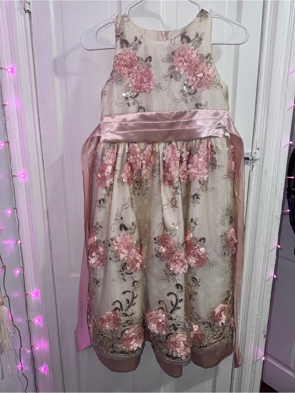 Girls Pink Floral Embroidered Satin Waist Dress